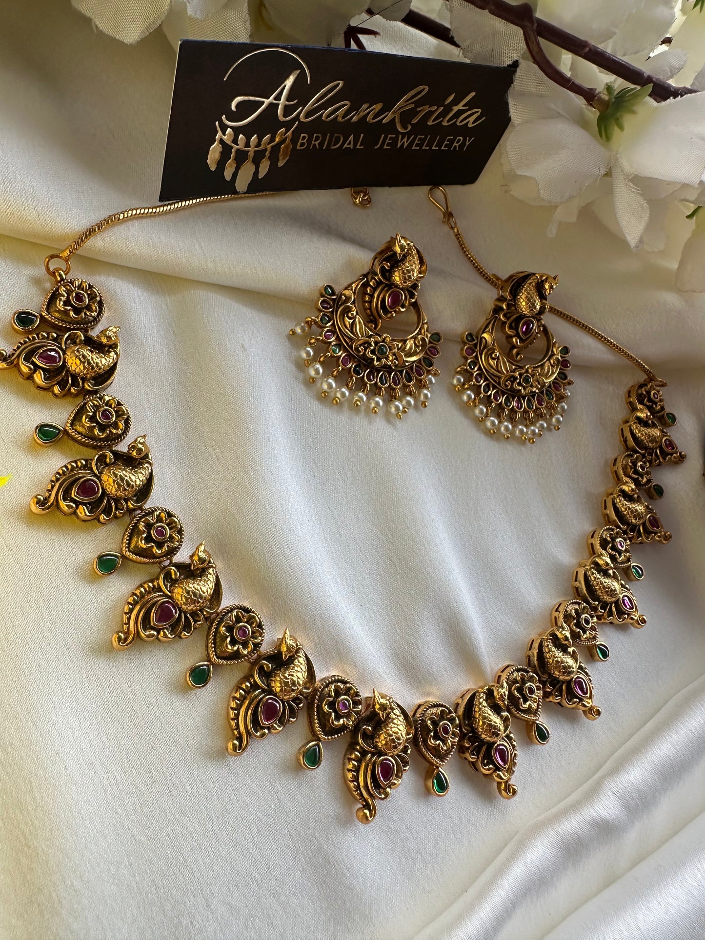 Premium Peacock Short Necklace with Kemp Stones