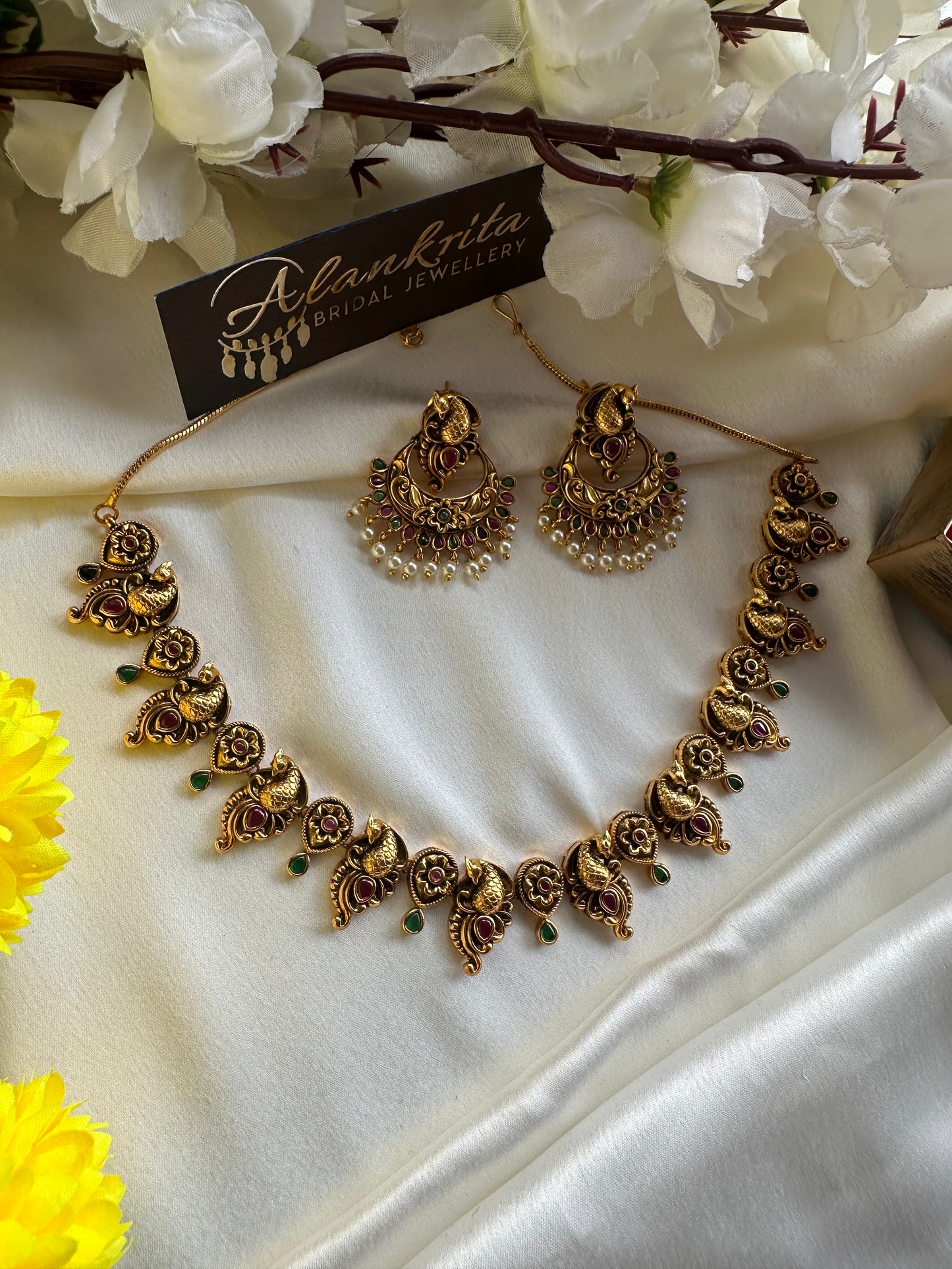 Premium Peacock Short Necklace with Kemp Stones