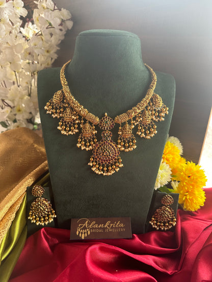 Premium Lakshmi Short Necklace with kemp Pendant
