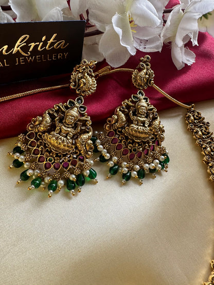 Premium Antique Lakshmi Short necklace with Green Beads