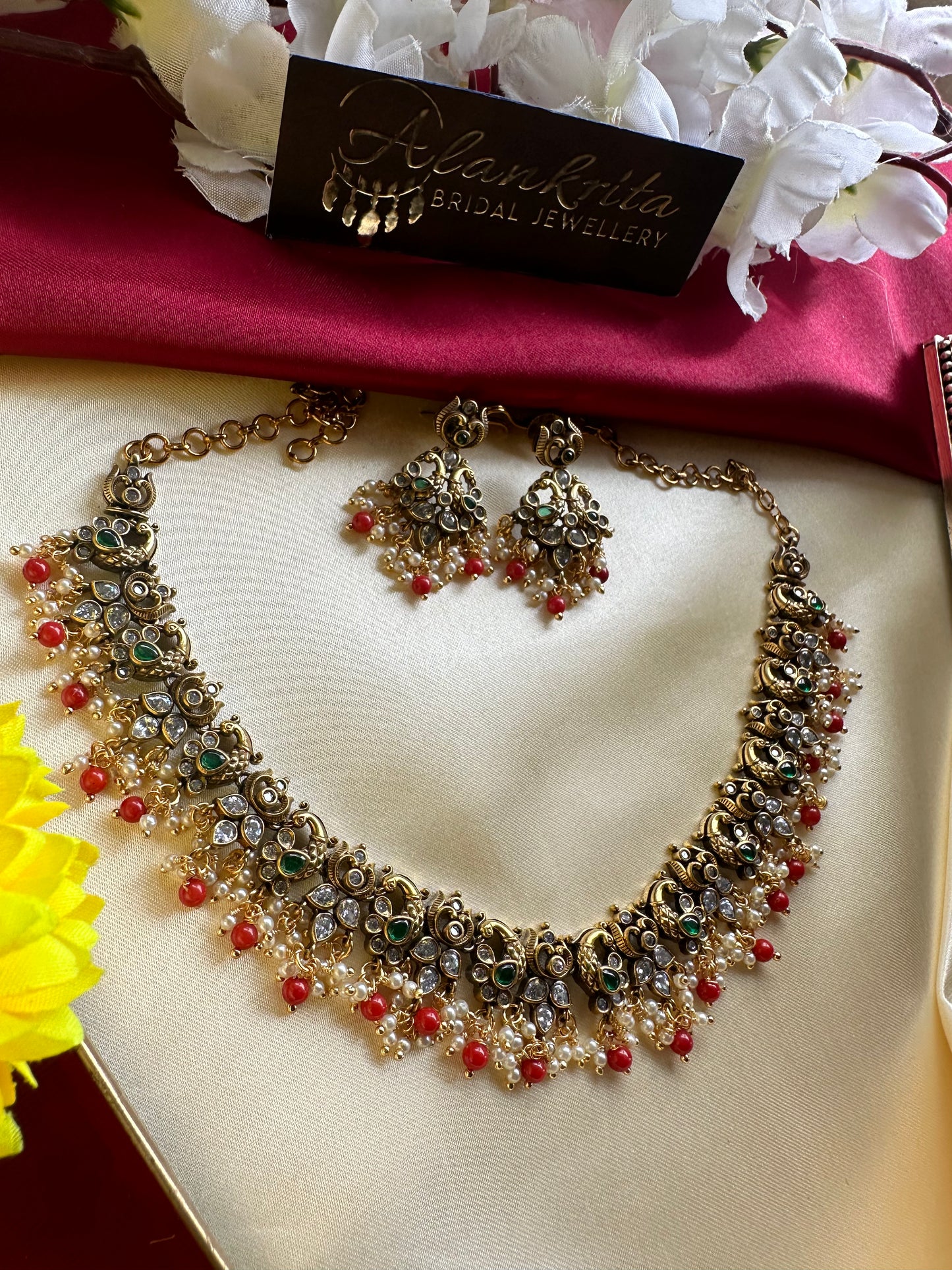 Premium Peacock Short Necklace with Crystal Green Beads