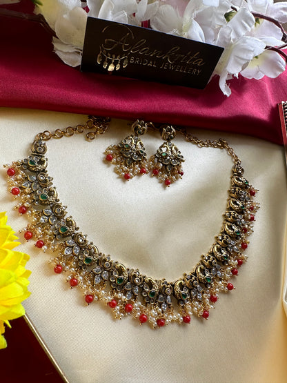 Premium Peacock Short Necklace with Crystal Green Beads