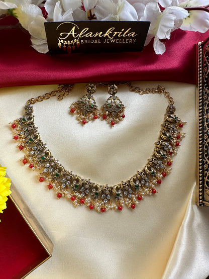 Premium Peacock Short Necklace with Crystal Green Beads