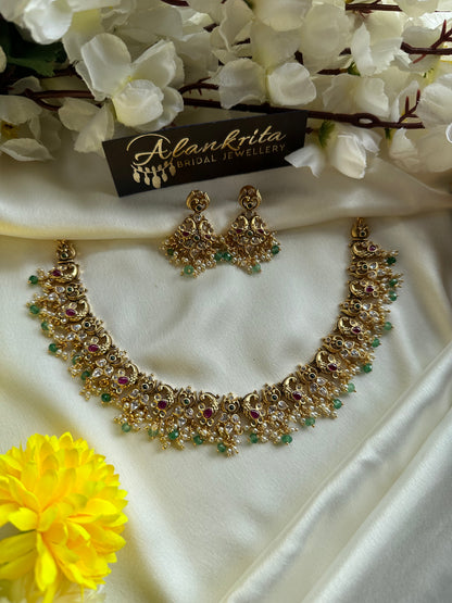 Premium Peacock Short Necklace with Crystal Green Beads