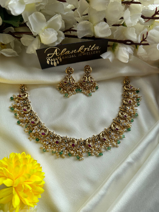 Premium Peacock Short Necklace with Crystal Green Beads