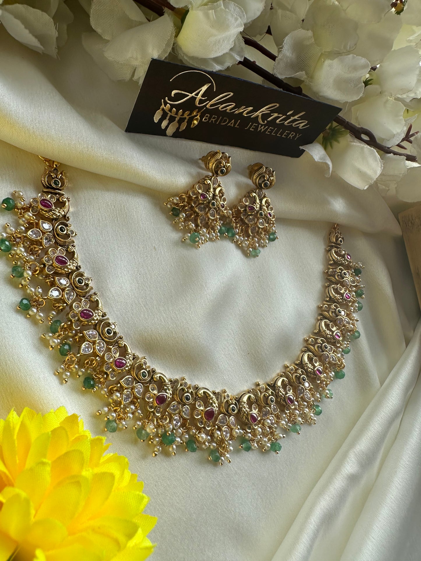 Premium Peacock Short Necklace with Crystal Green Beads
