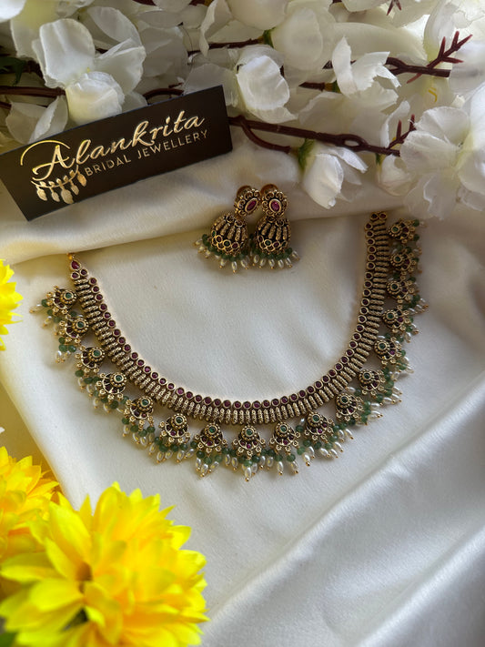 Premium Antique Short Necklace with Crystal Green Beads