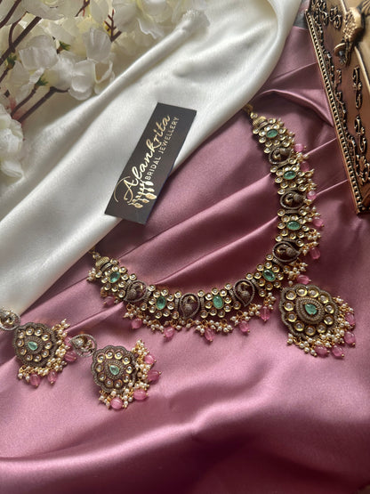 Victorian Peacock Short Necklace with Mint Green Stones & Pink Beads