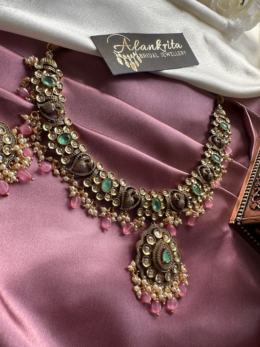 Victorian Peacock Short Necklace with Mint Green Stones & Pink Beads