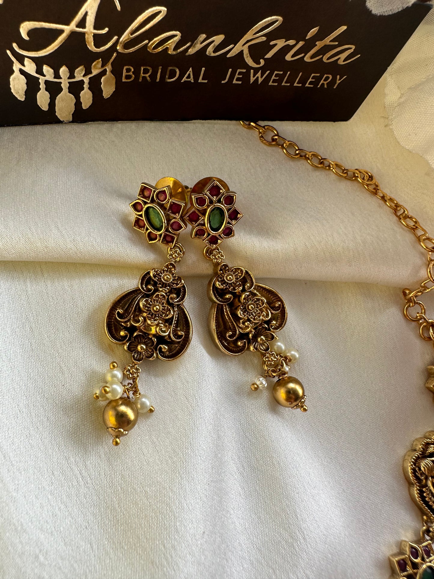 Premium Short Necklace with Ruby & Green Stones