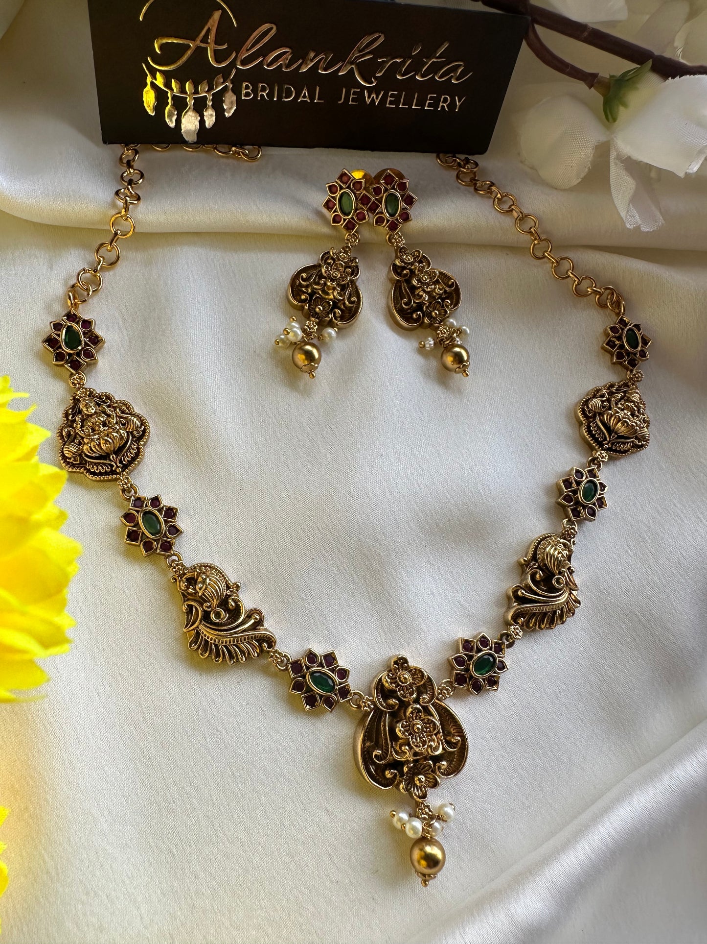 Premium Short Necklace with Ruby & Green Stones