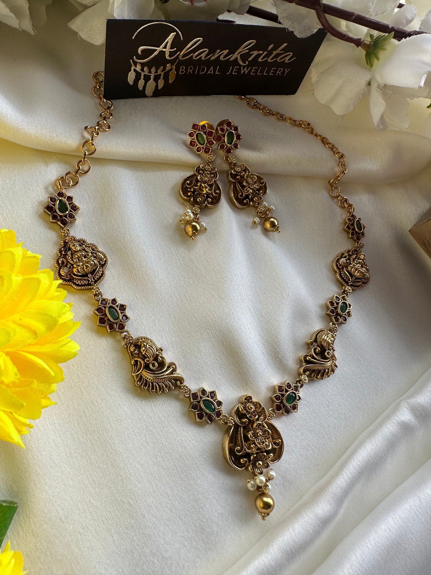 Premium Short Necklace with Ruby & Green Stones