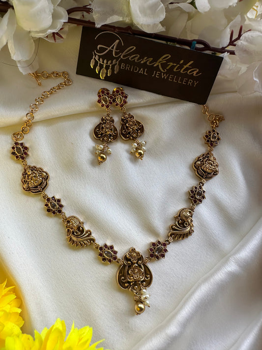 Premium Antique Short Necklace with Ruby & White Stones