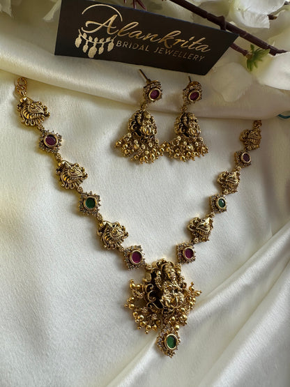 Premium Antique Lakshmi Short necklace with Kemp Stones