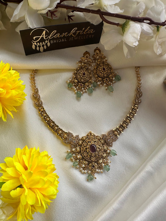 Premium Floral Short Necklace with Pastel Green Beads