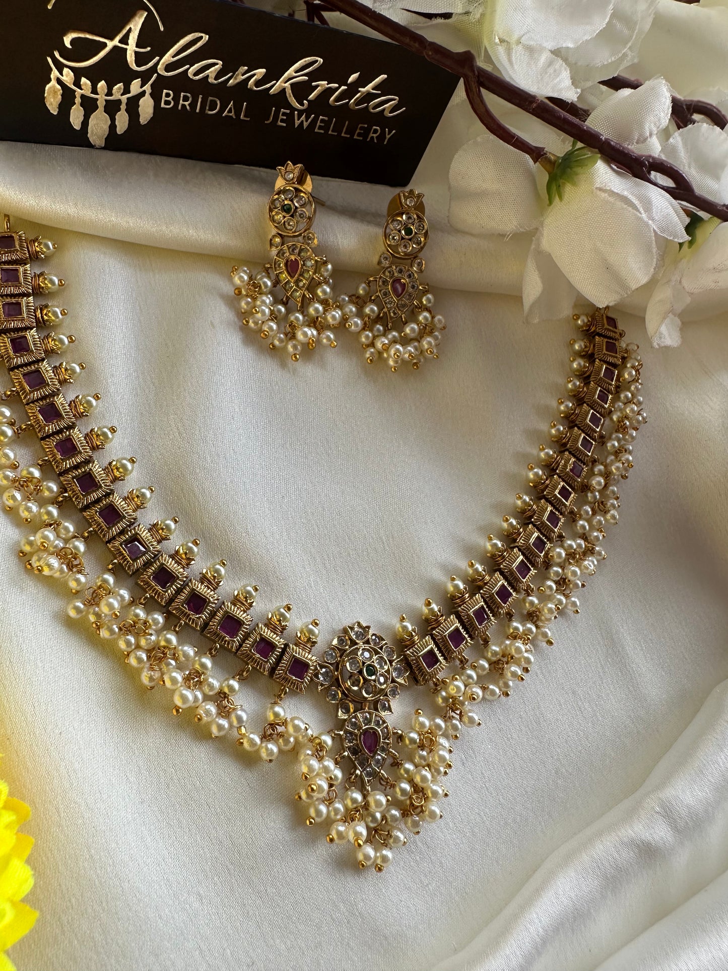 Premium Guttapusalu Short Necklace with Ruby Stones