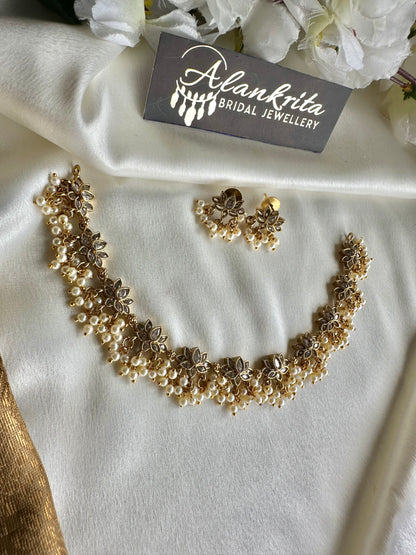 Premium Traditional Lotus Short necklace with White Stones & Pearl Beads