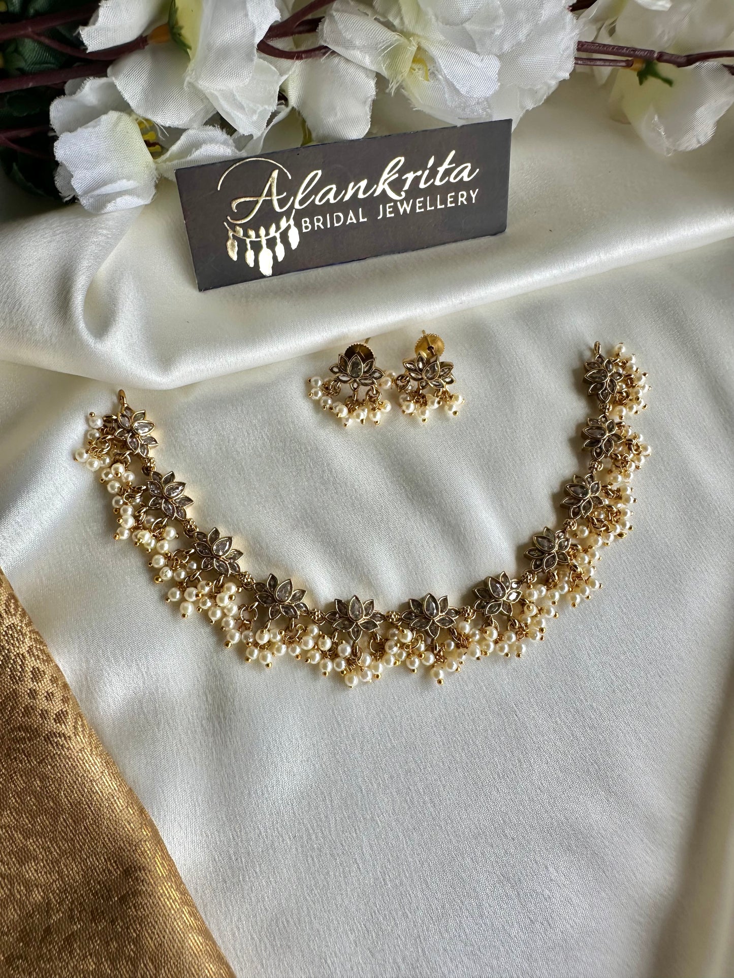 Premium Traditional Lotus Short necklace with White Stones & Pearl Beads