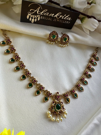 Premium Palakka Short Necklace with Green & Ruby Stones