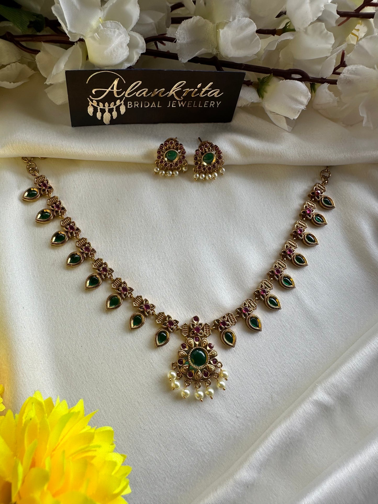 Premium Palakka Short Necklace with Green & Ruby Stones