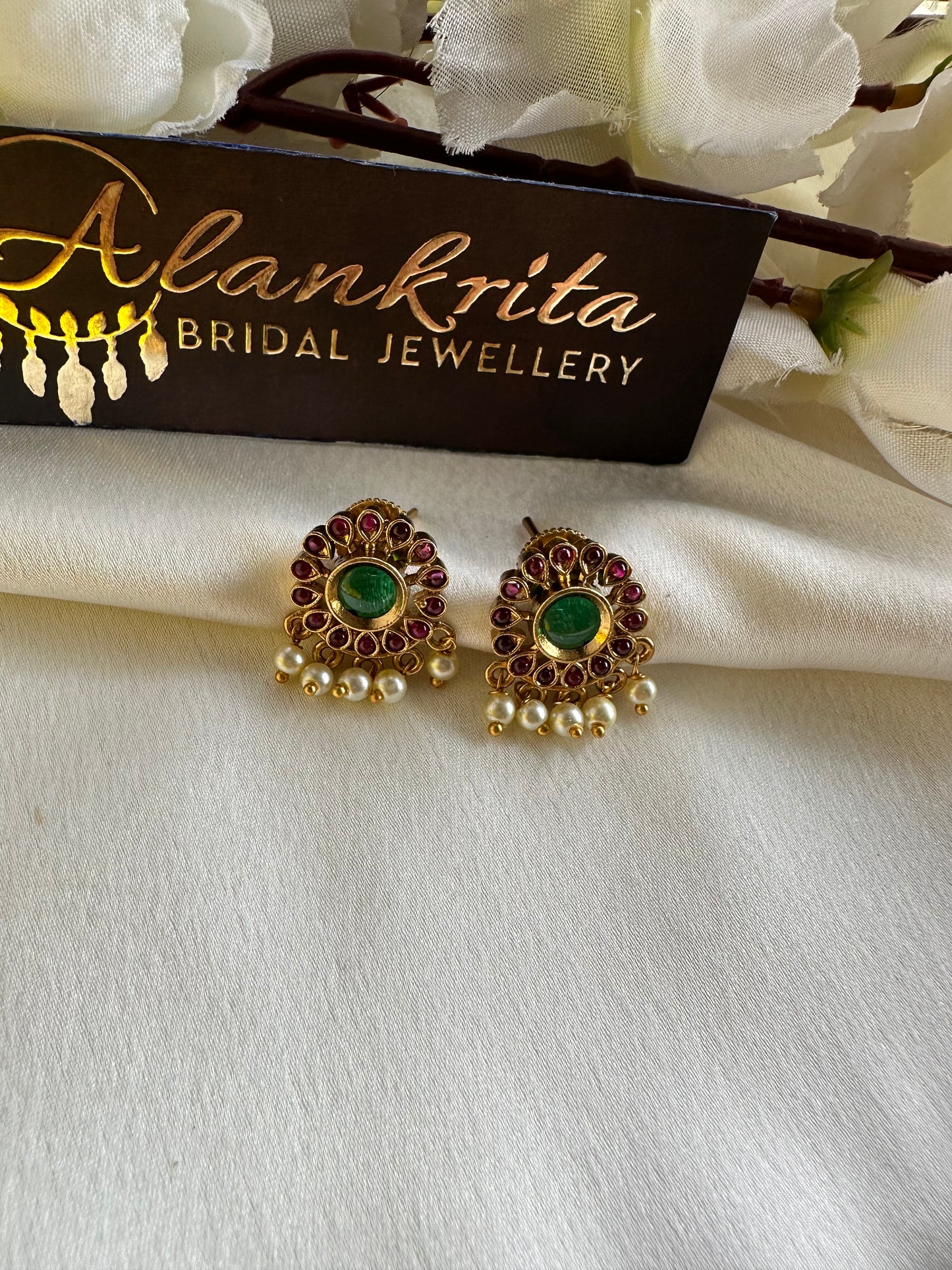 Premium Palakka Short Necklace with Green & Ruby Stones