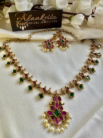 Premium palakka Short Necklace with Ruby & Green Stones