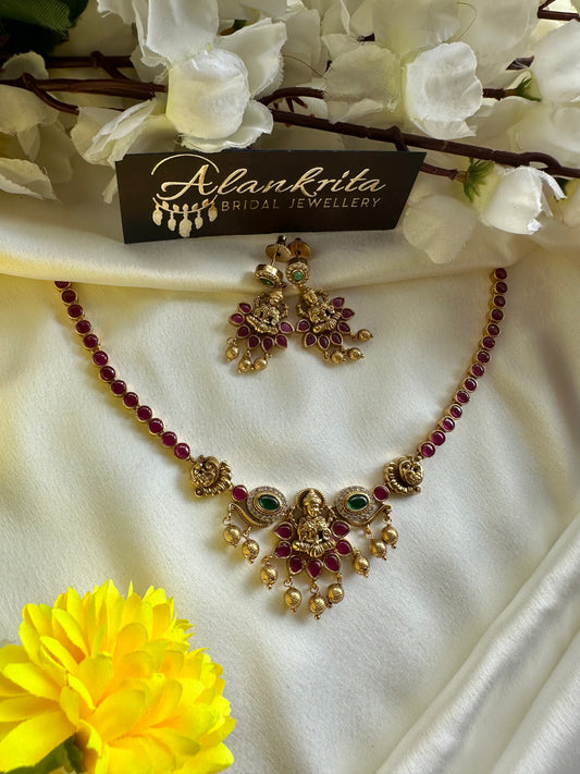 Premium Lakshmi Short Necklace with kemp Stones