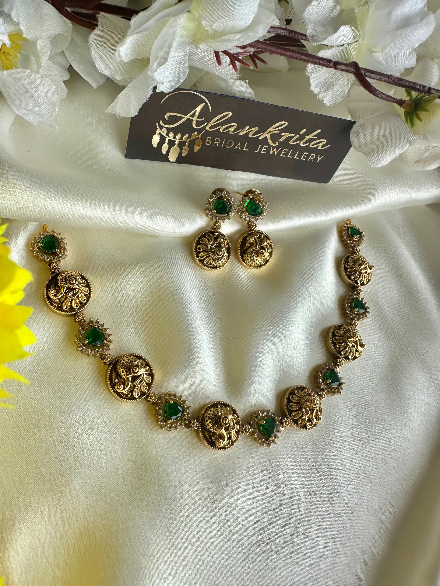 Premium Antique Peacock Short Necklace with Green Stones