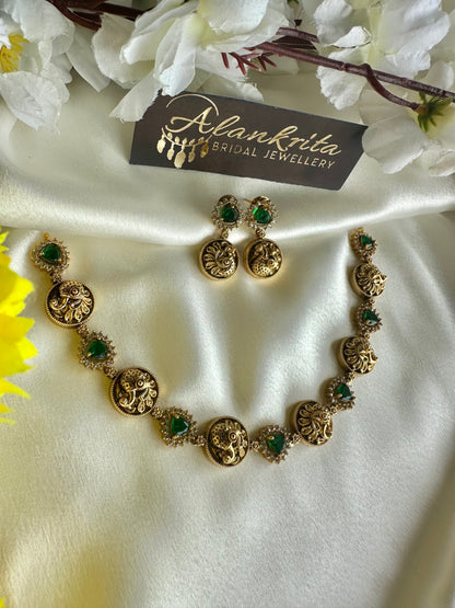 Premium Antique Peacock Short Necklace with Green Stones