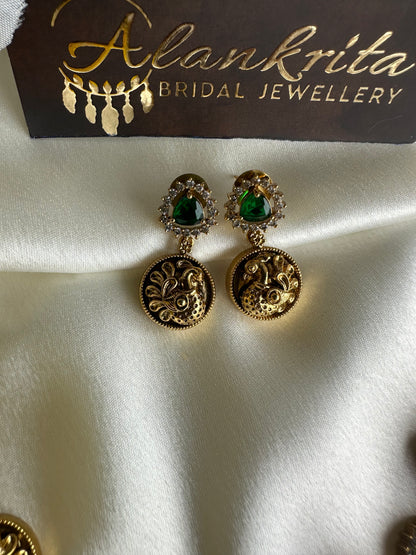 Premium Antique Peacock Short Necklace with Green Stones