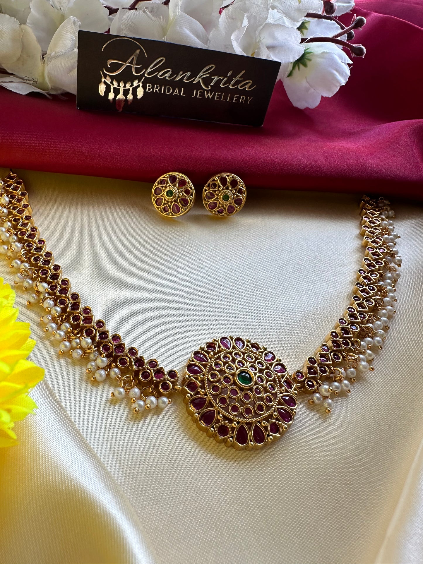 Premium Kemp Ruby Short Necklace with Cluster Pearls