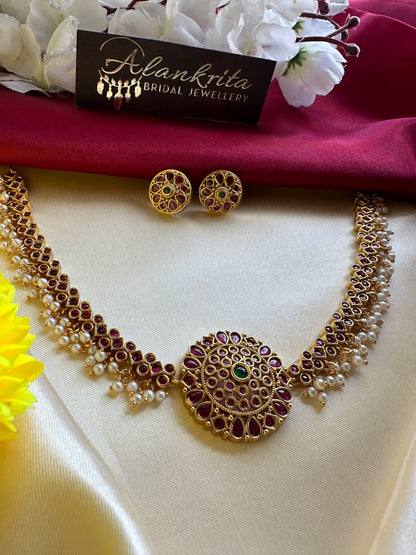 Premium Kemp Ruby Short Necklace with Cluster Pearls
