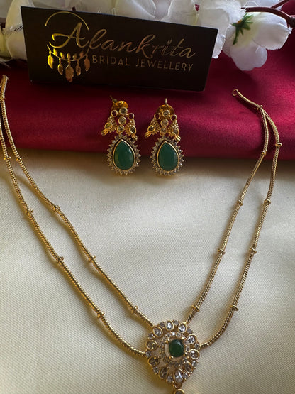Two Layered Chain Necklace with Green Drop Pendant