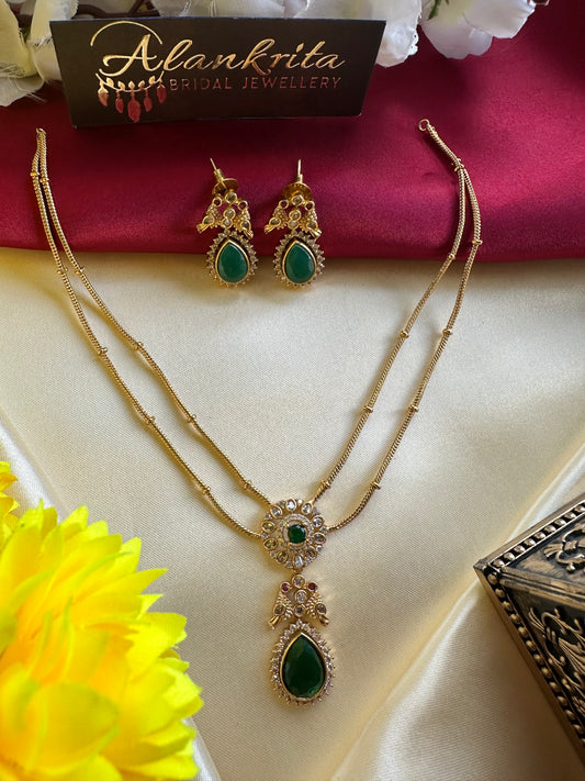 Two Layered Chain Necklace with Green Drop Pendant