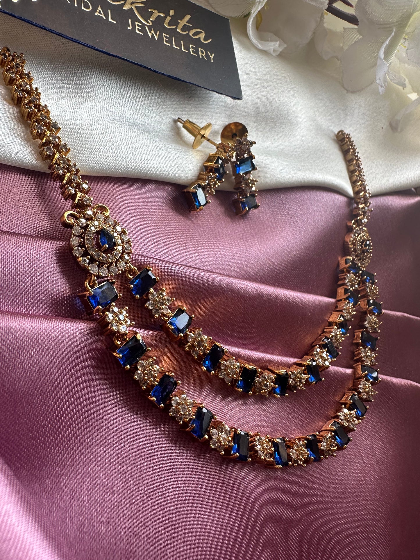 Two Layered Blue Short Necklace with AD Stones