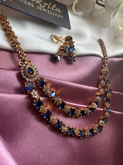 Two Layered Blue Short Necklace with AD Stones