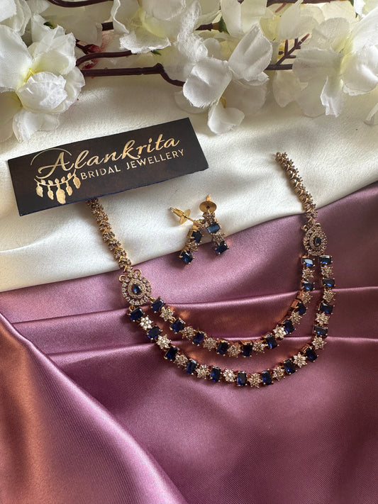 Two Layered Blue Short Necklace with AD Stones
