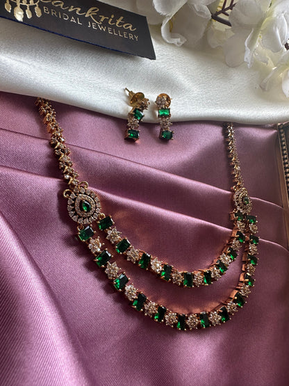 Two Layered Green Short Necklace with AD Stones