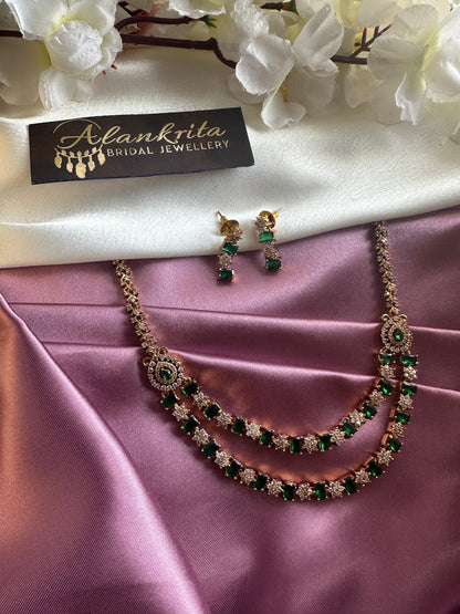 Two Layered Green Short Necklace with AD Stones