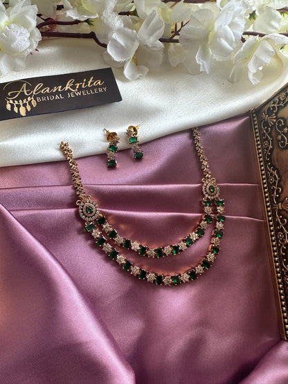Two Layered Green Short Necklace with AD Stones