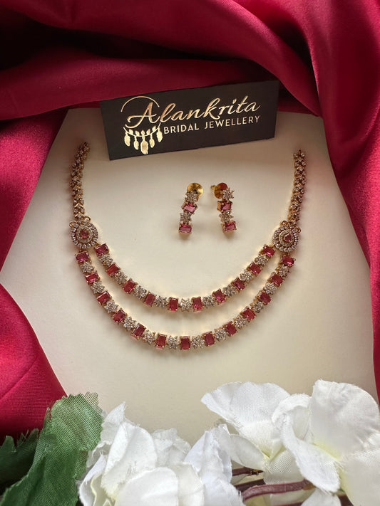Two Layered Red Short Necklace with AD Stones