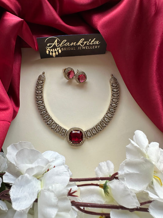 Red Victorian Short Necklace with AD Stones