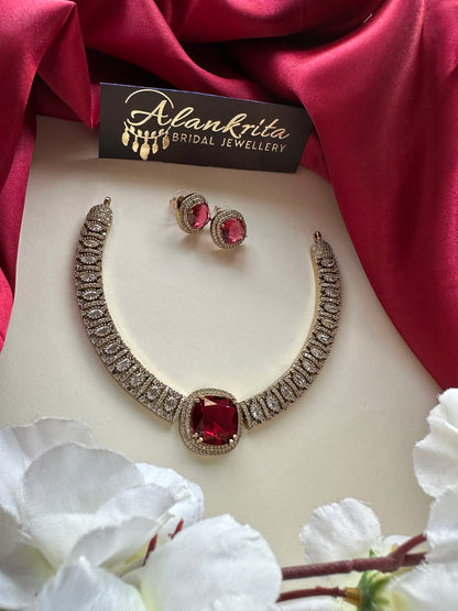 Red Victorian Short Necklace with AD Stones
