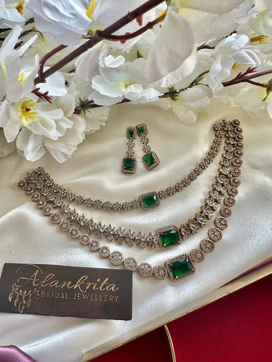 Three Layered Green Victorian Short Necklace with AD Stones