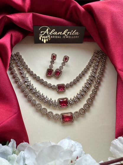 Three Layered Red Victorian Short Necklace with AD Stones