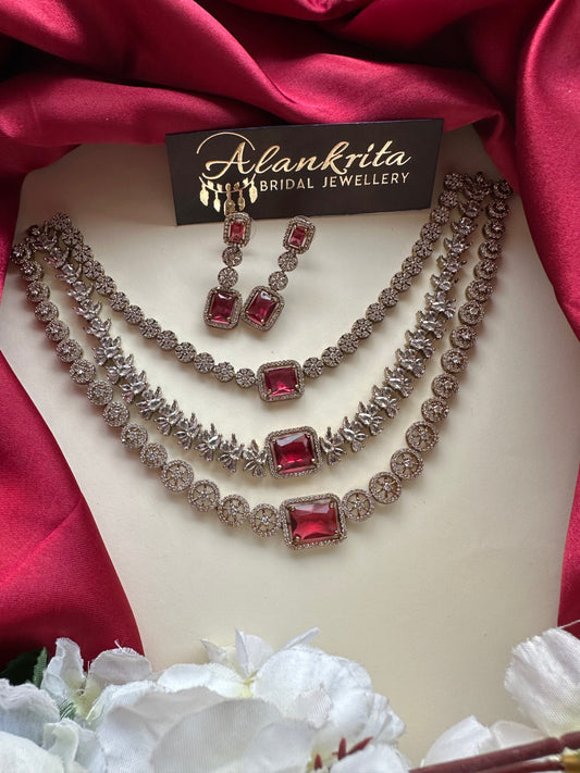 Three Layered Red Victorian Short Necklace with AD Stones