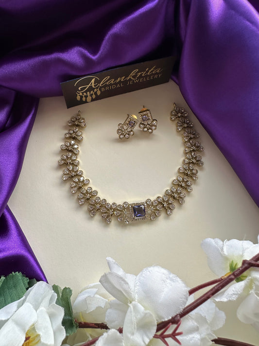 Floral Purple Short Necklace with AD Stones