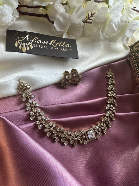 Floral White Short Necklace with AD Stones
