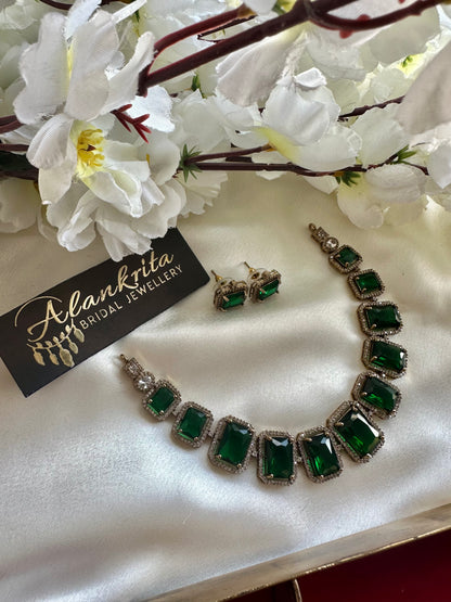 Victorian Green Short Necklace with AD Stones