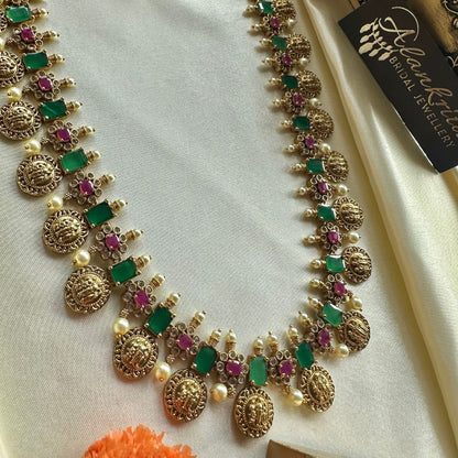 Premium Long Coin haram with Green & Ruby Stones